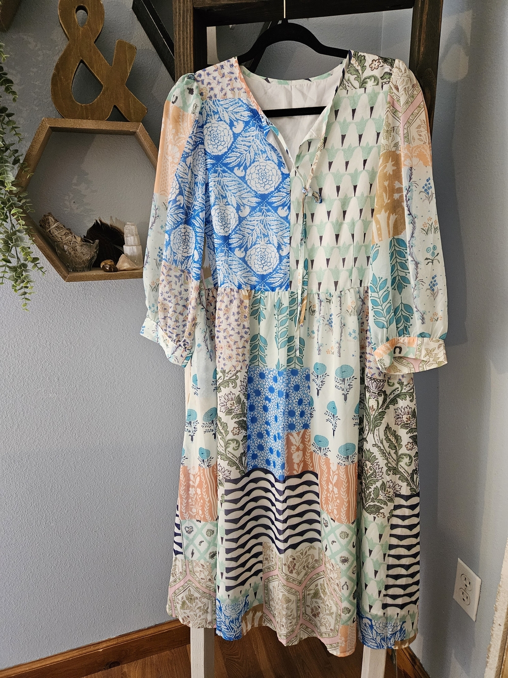 NWT Oversized Boho Patchwork Floral Midi Dress With Pockets Size Medium